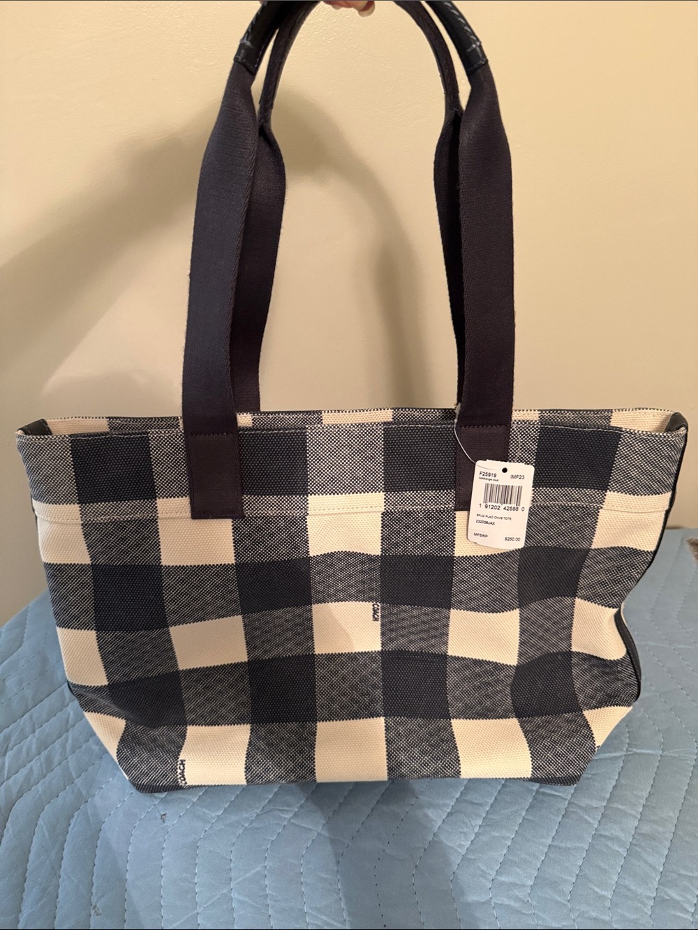Coach Cream and Blue Buffalo Check Canvas Tote with Long Straps